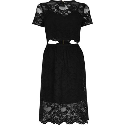 Black lace trim cut-out midi dress